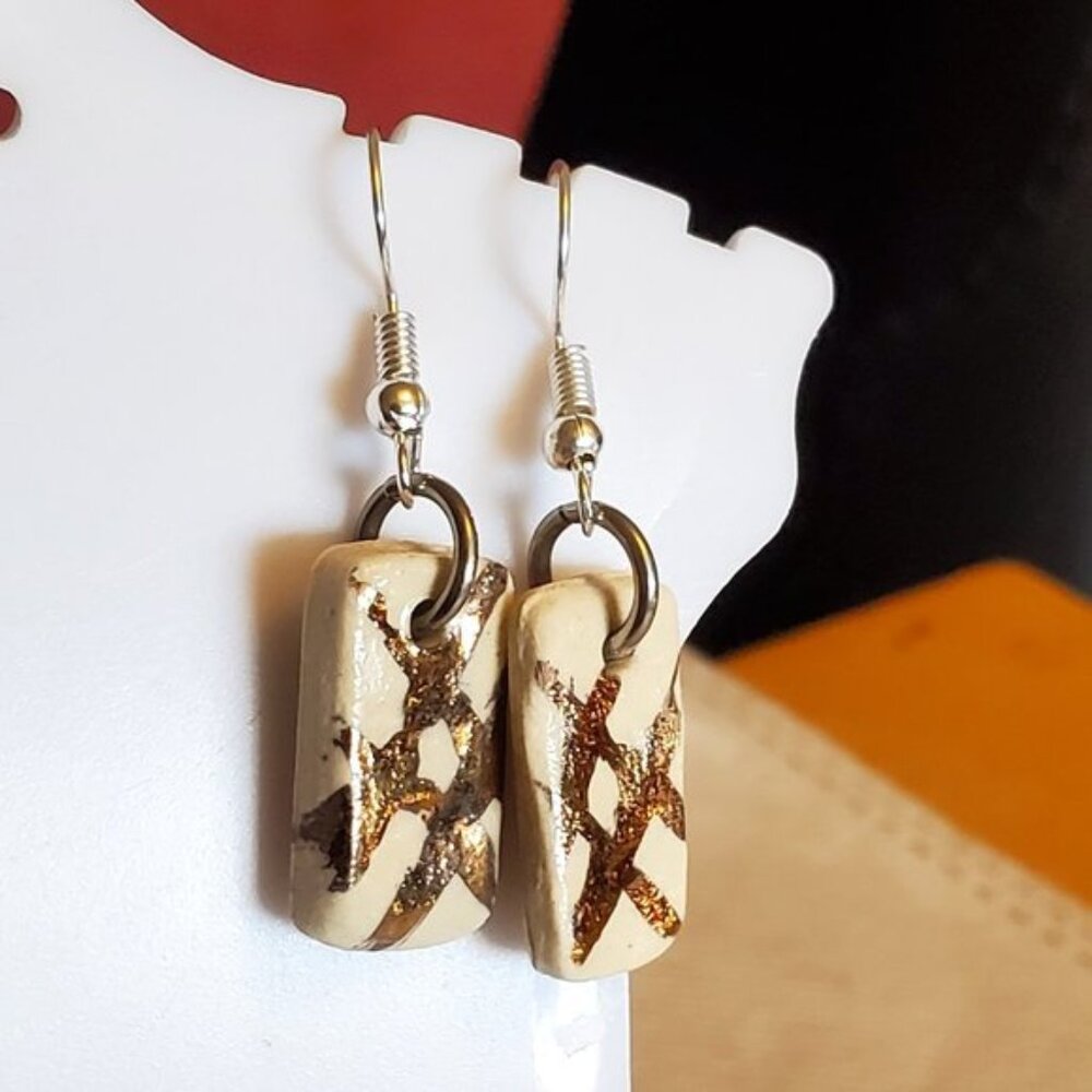 Silver Tone Hook Rectangle Ceramic Striped Earring - image 1